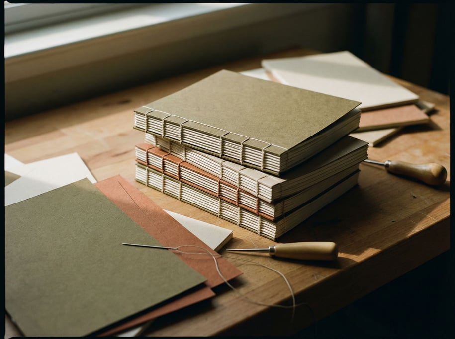 A stack of handbound notebooks with different cover papers