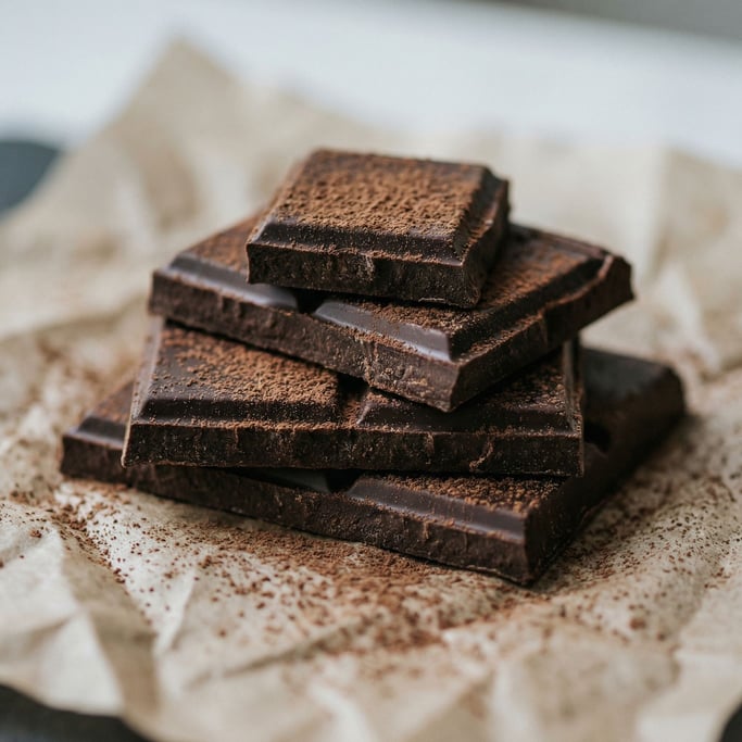 A stack of dark chocolate squares on parchment paper, cocoa powder dusting