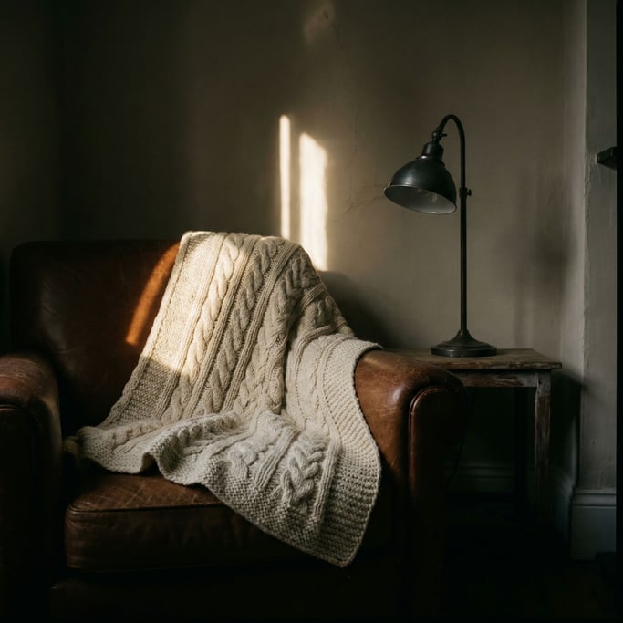 A wool blanket draped over the arm of a leather chair, cable knit pattern visible (gkftzdo6)