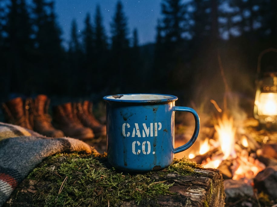 A vintage enamelware camping mug on a log next to a campfire, stars implied by the dark background (pqkxse8v)