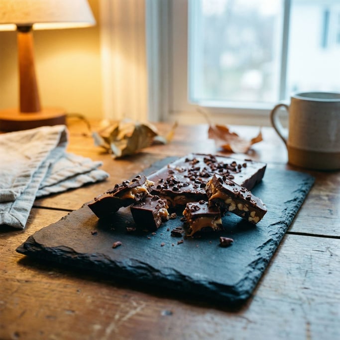 A half-eaten chocolate bar on dark slate, broken pieces revealing layers and inner texture (apmwpewa)