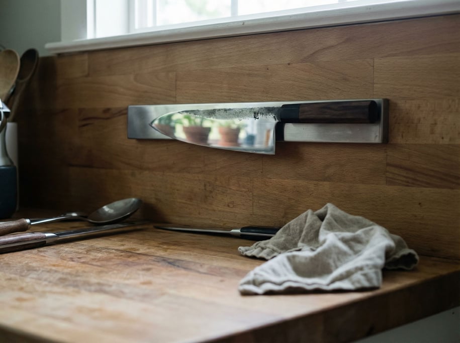 A hand-forged chef's knife resting on a magnetic strip, blade reflecting the kitchen window