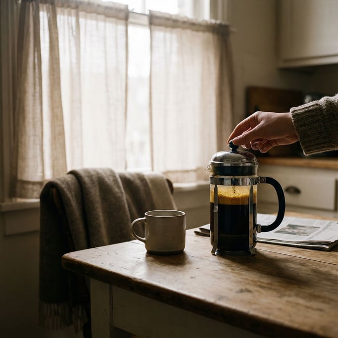 A French press full of coffee, golden crema on top, hand reaching for the plunger, morning ritual (upwezgay)
