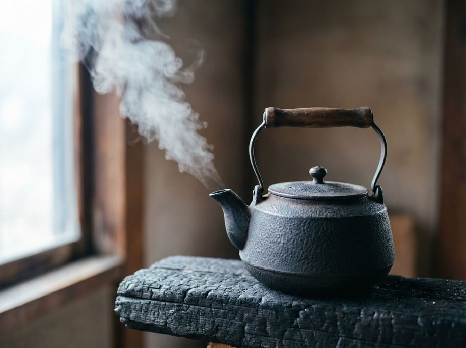 A Japanese cast iron teapot (tetsubin) on a charred wood board, steam wisping from the spout (dn1anmap)
