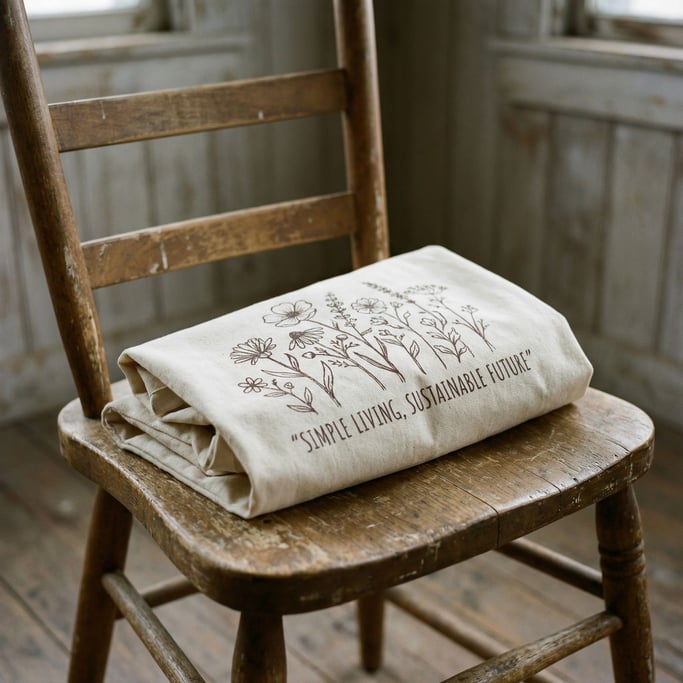 A cotton tote bag folded on a wooden chair, screen-printed design visible, natural and simple