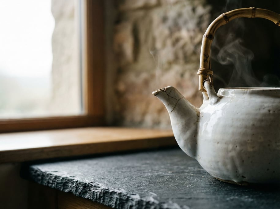 A white porcelain teapot on a dark stone counter, steam rising, minimal and clean (y9akvgsh)