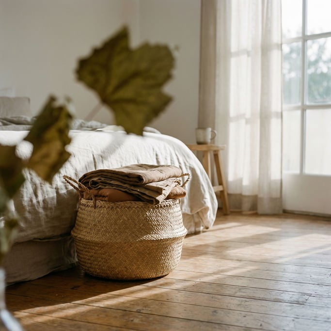 A woven seagrass basket holding folded linen blankets, corner of a minimal bedroom (ryjdsjqf)