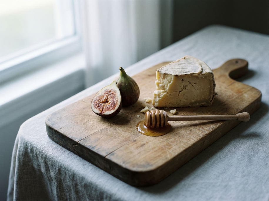 A wooden cutting board with a wedge of aged cheese, a fig cut in half, and a honey dipper (vtz65qi2)