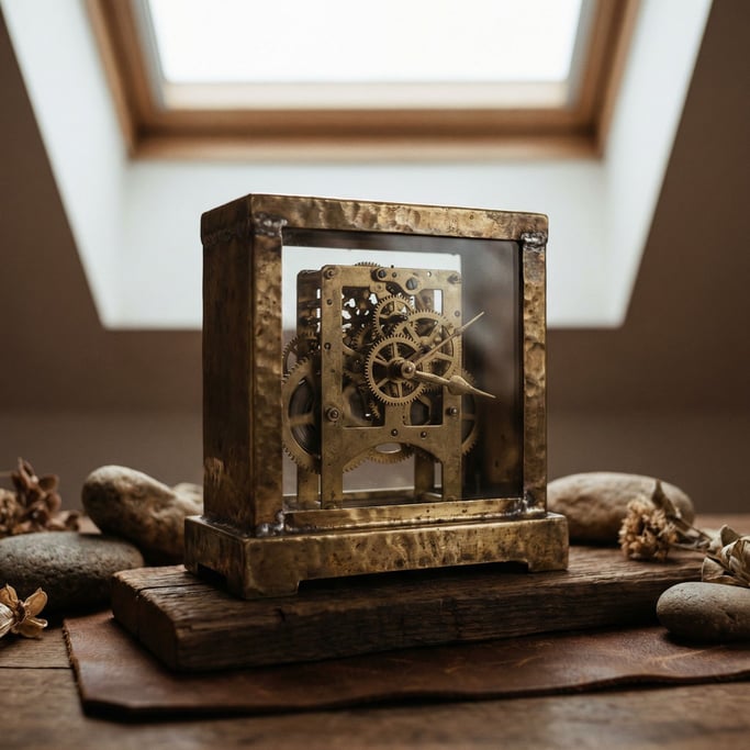 A brass desk clock with an exposed mechanism, gears visible through a glass back, ticking (gemczwvf)