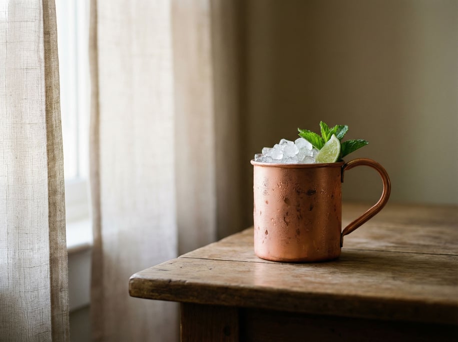 A copper Moscow mule mug with crushed ice and lime, condensation frost on the outside