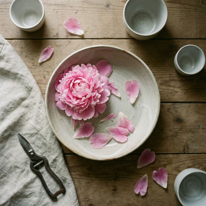 A single peony in full bloom in a wide ceramic bowl, petals soft and falling, overhead perspective (rzcwd)