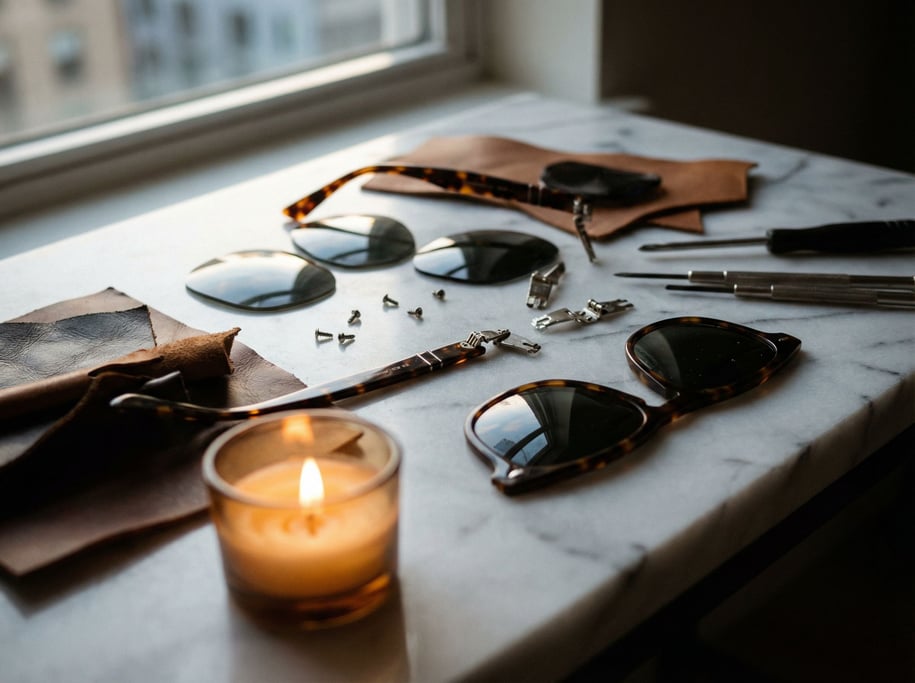 A pair of sunglasses on a white marble surface, reflections in the lenses, cool tones (rwfc562)