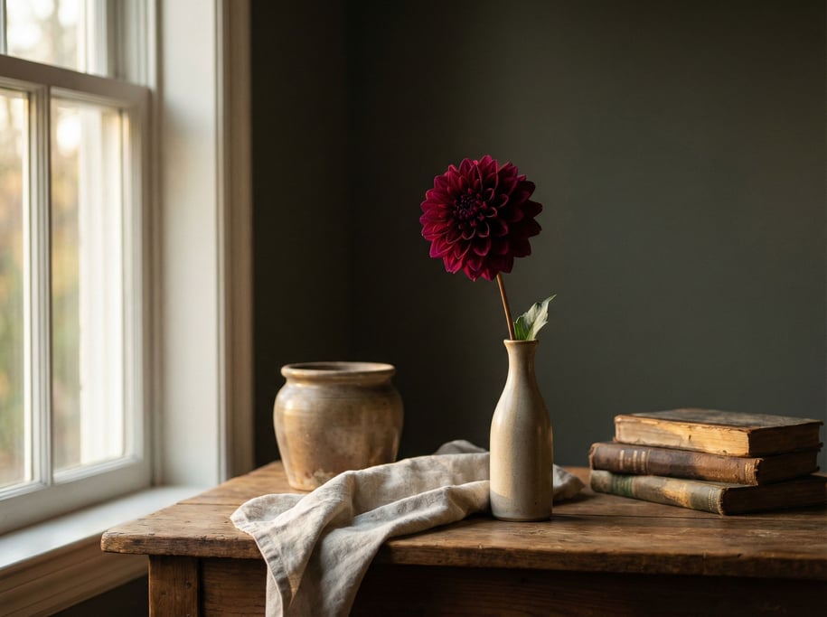 A single dahlia in a slim bud vase, deep burgundy petals, dark background, painterly quality (mdaldznm)