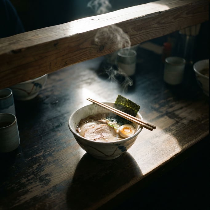 A porcelain bowl of ramen, chopsticks resting across the rim, steam rising, overhead shot (a56dqafo)