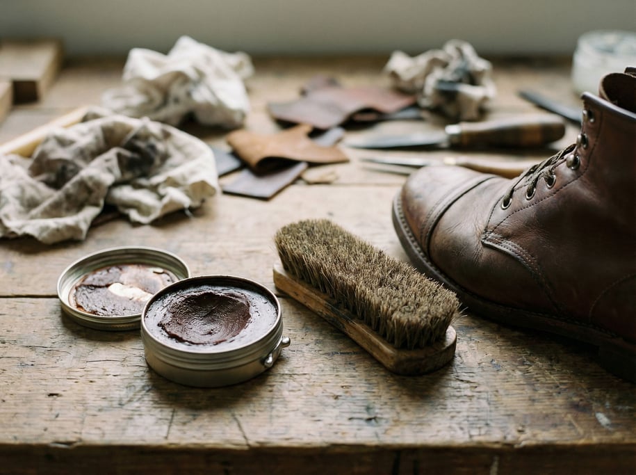 An open tin of shoe polish next to a horsehair brush and a leather boot, analog maintenance ritual (k0jrhone)