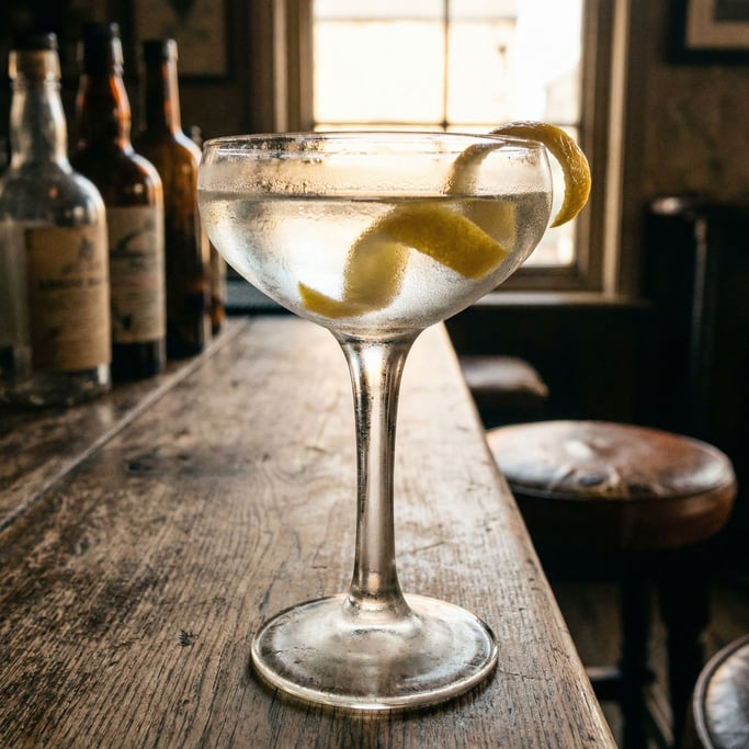 A cocktail in a coupe glass, clear spirit with a citrus peel twist, condensation on the stem (9gingobh)