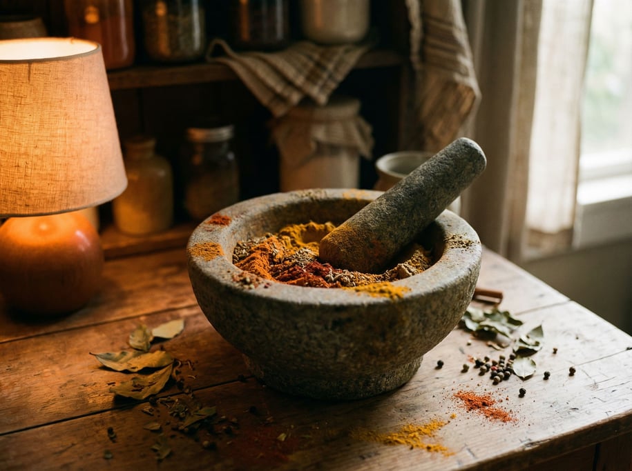 A mortar and pestle with freshly ground spices, colorful powder against gray stone, aromatic implied (lmoi5ah8)