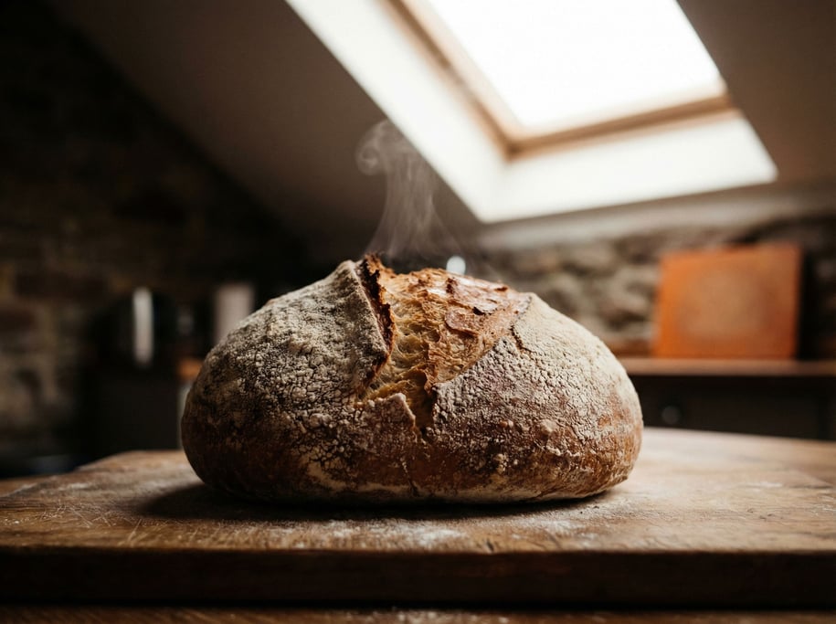 A sourdough boule fresh from the oven, flour-dusted crust cracking, steam escaping from a score mark (7ny0bk9p)