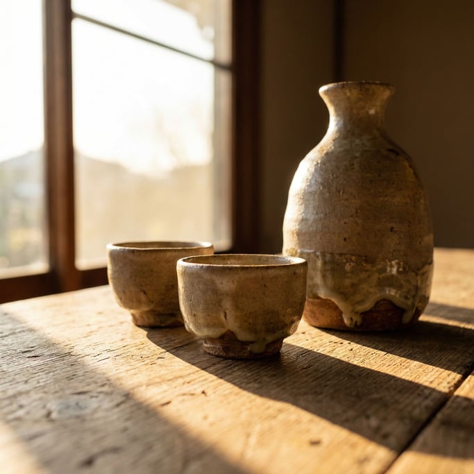 A pair of ceramic sake cups next to a tokkuri flask, glaze pooling at the base, warm overhead light (wxa4bj)