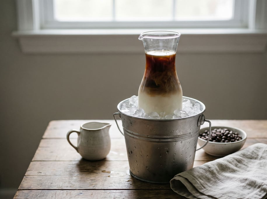 A glass carafe of cold brew coffee on ice, dark liquid layered above cream, condensation dripping (zmjgib4g)