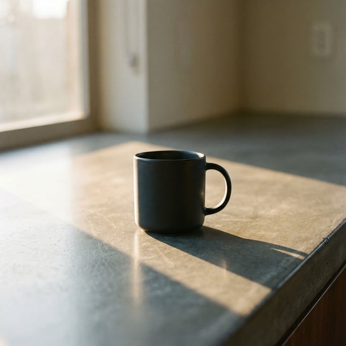 A black matte ceramic mug on a polished concrete counter, morning light, no steam (wuww5tbz)