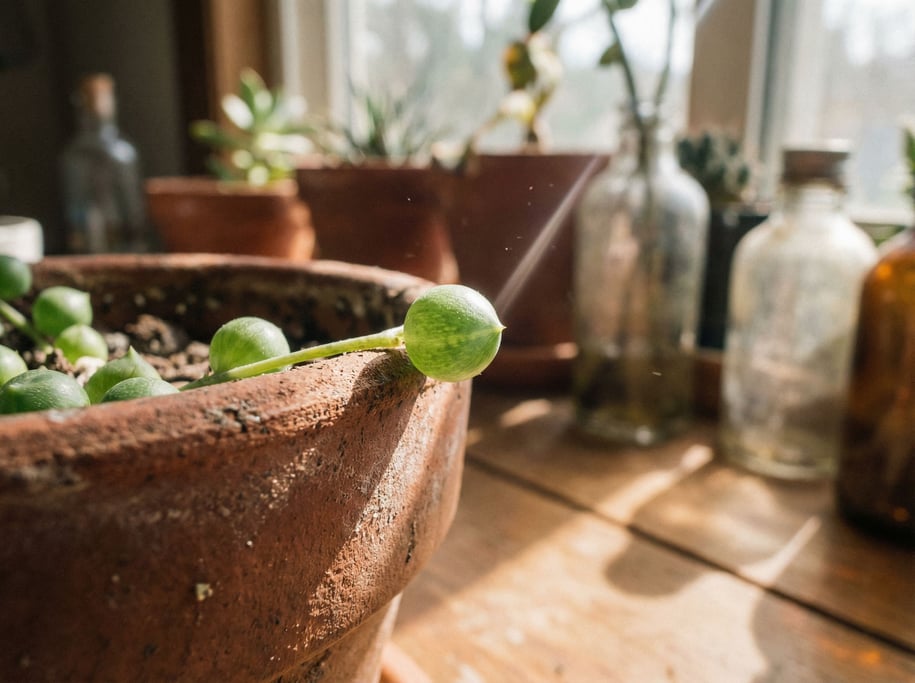 A terracotta plant pot with a trailing string-of-pearls succulent, morning windowsill light (i7xqoc5p)