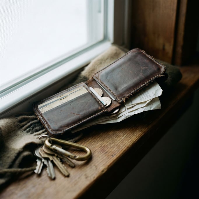 A hand-stitched leather wallet, aged to a rich patina, contents spilling slightly, keys beside it (rawyh54x)