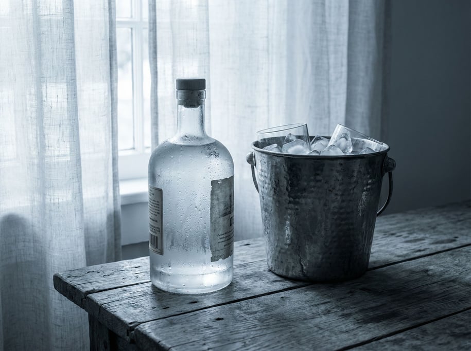 A glass bottle of clear spirit with condensation, ice bucket nearby, cool blue-gray tones (ztivecye)