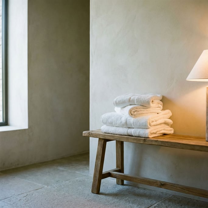 A stack of white cotton towels on a teak bench, spa-like simplicity, neutral tones (zh5xztrw)