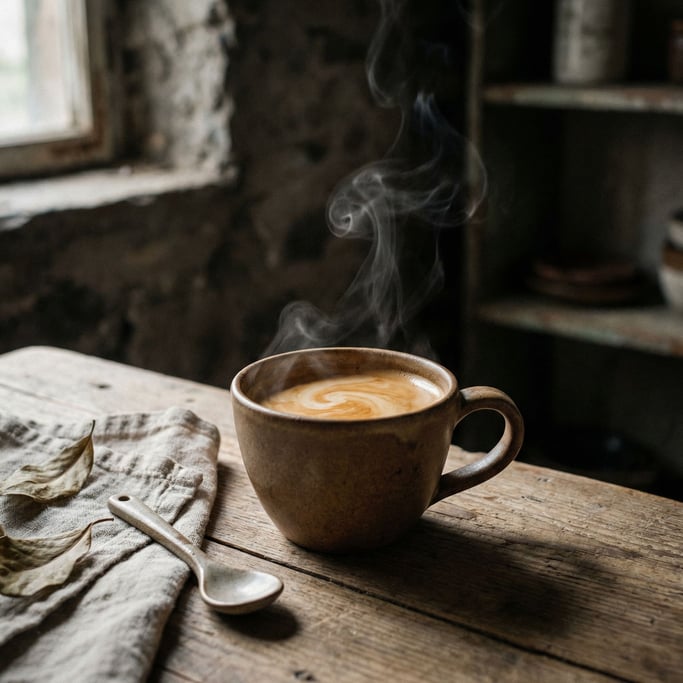 An espresso shot in a thick ceramic cup, crema still swirling (tlneqnp3)