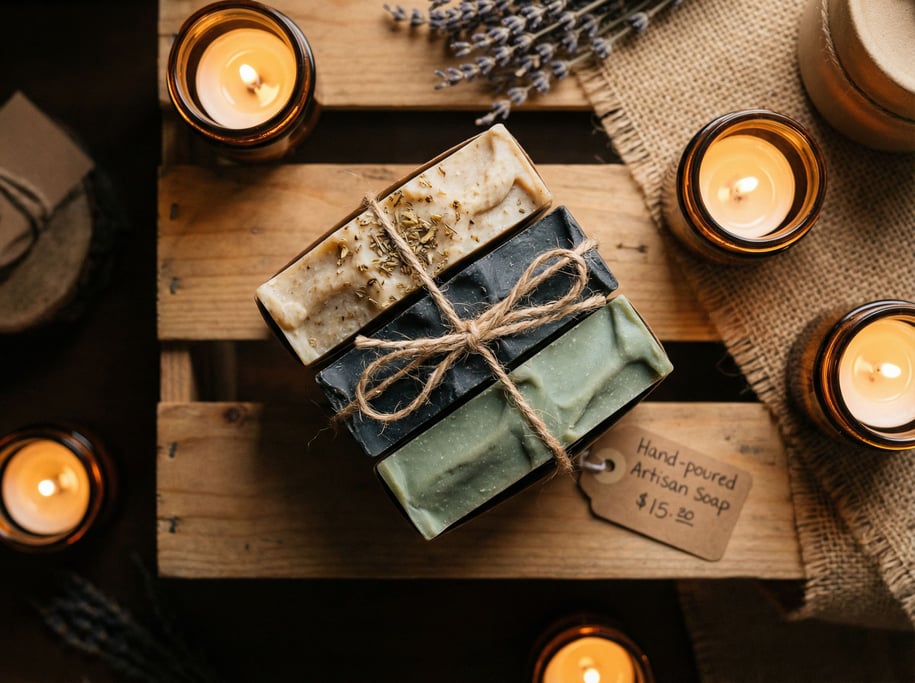 A small stack of artisan soap bars, different natural colors, tied with twine (hekmpk3s)