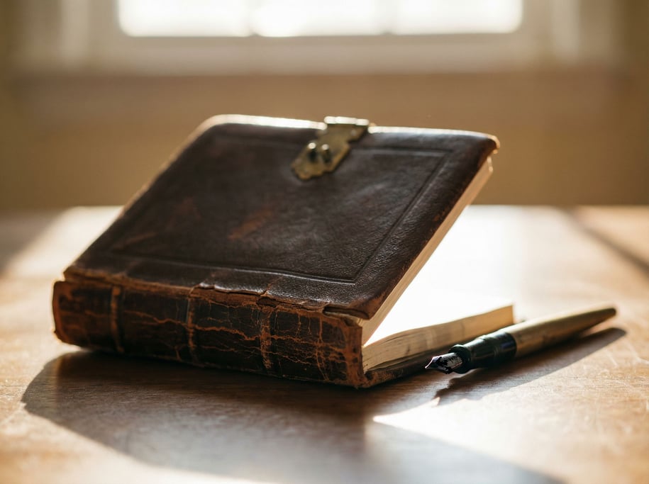 A leather journal with aged brass hardware, spine cracked from use, fountain pen nearby with wet ink (clmeztyx)