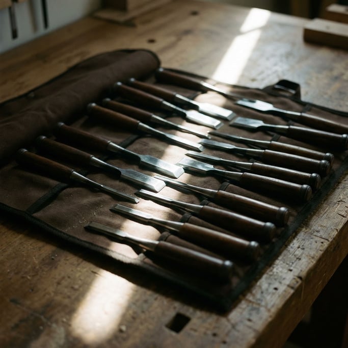 A set of Japanese woodworking chisels in a roll-up canvas case, blades polished mirror-bright (1xlnrqrp)