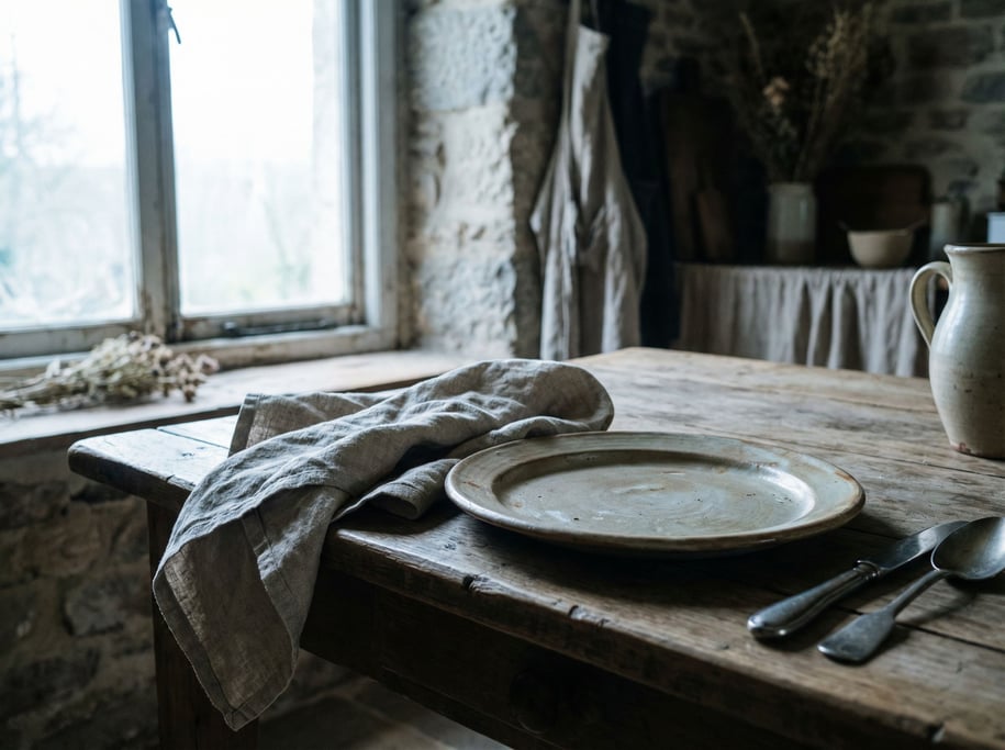 A linen napkin loosely folded beside a ceramic plate and steel cutlery, natural materials (ugdrgomp)