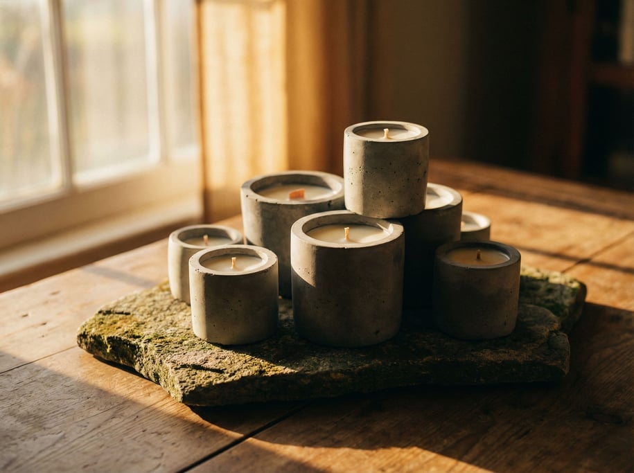 Hand-poured candles in raw concrete vessels, arranged asymmetrically on a stone surface (b4tg6gu)