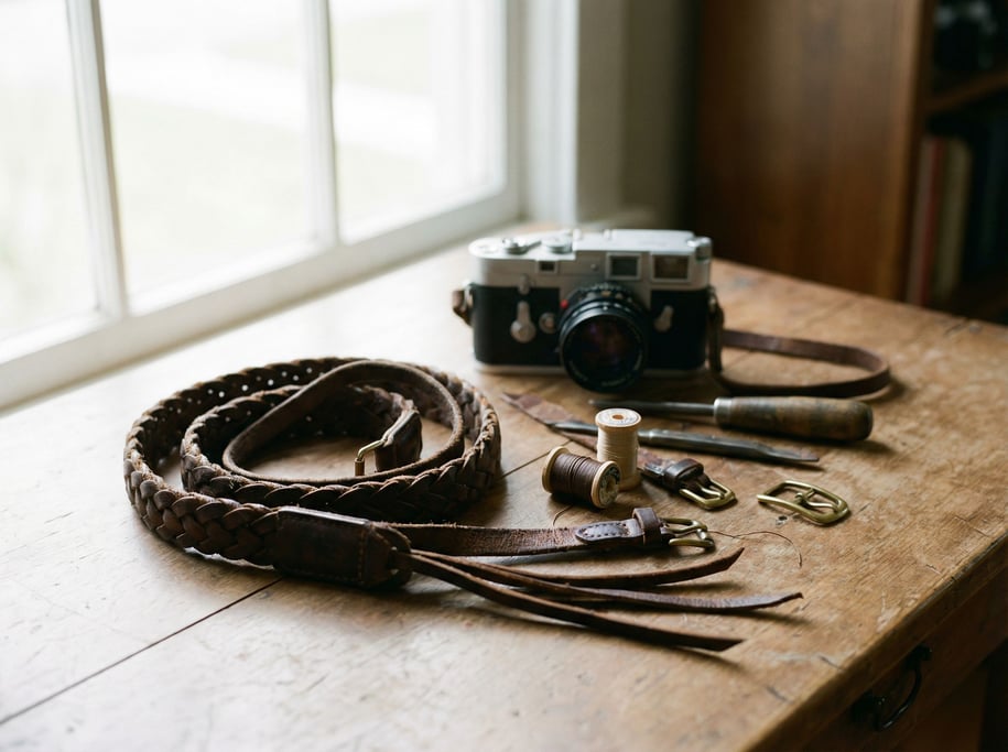 A vintage camera strap coiled on a wooden surface, braided leather showing years of neck wear (fitwfbws)