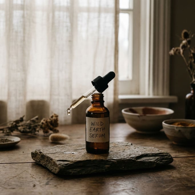 A dropper bottle of facial serum on a stone slab, single drop suspended from the glass pipette (d1jmxcrf)