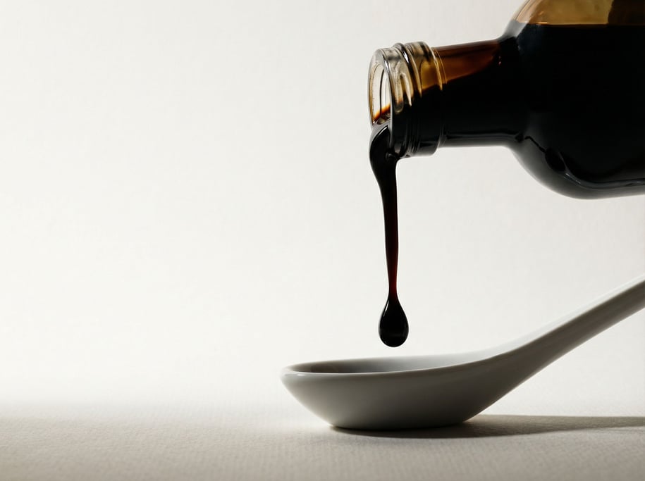 A bottle of aged balsamic vinegar, thick and dark, being poured onto a white spoon (fydk92tr)