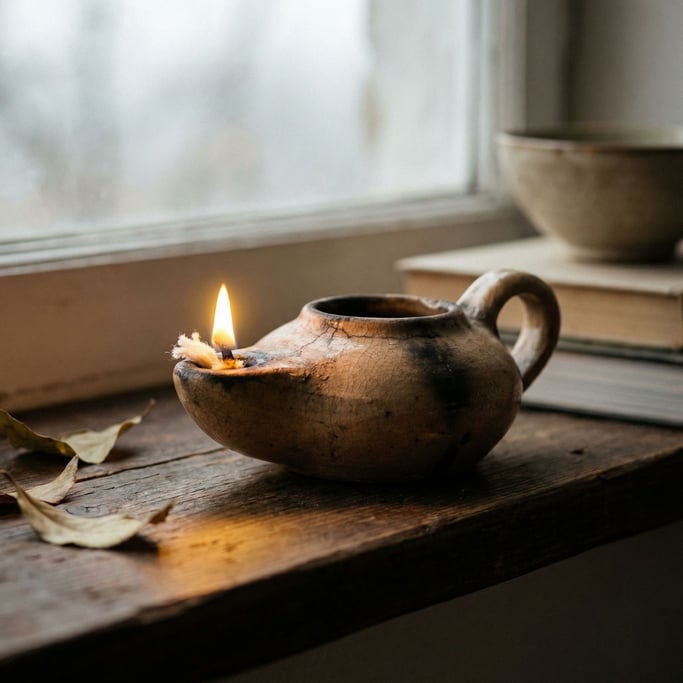 A ceramic oil lamp with a cotton wick, small flame, warm glow pooling on a dark shelf (w564fpvc)
