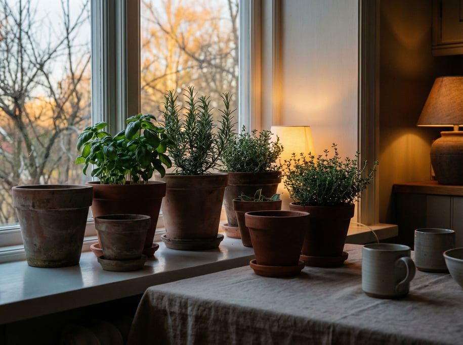 A potted herb garden on a kitchen windowsill: basil, rosemary, thyme in mismatched clay pots (g5rxnvrg)