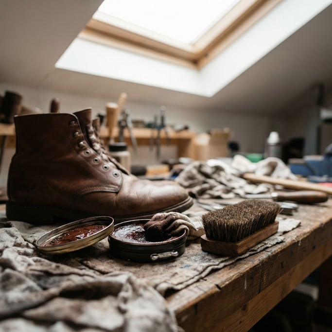 An open tin of shoe polish next to a horsehair brush and a leather boot, analog maintenance ritual (lyr257mq)