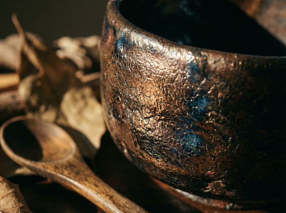 A hand-thrown raku tea bowl, irregular form, metallic glaze catching light at every angle (tayorodh)