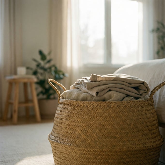 A woven seagrass basket holding folded linen blankets, corner of a minimal bedroom (11gmkzge)