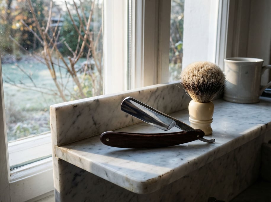 A vintage straight razor open on a marble shelf, chrome catching hard light, badger brush beside it (pdtlluvt)