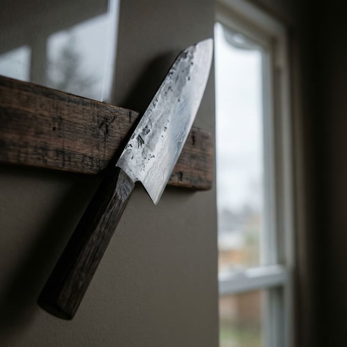 A hand-forged chef's knife resting on a magnetic strip, blade reflecting the kitchen window (7sebtuqb)