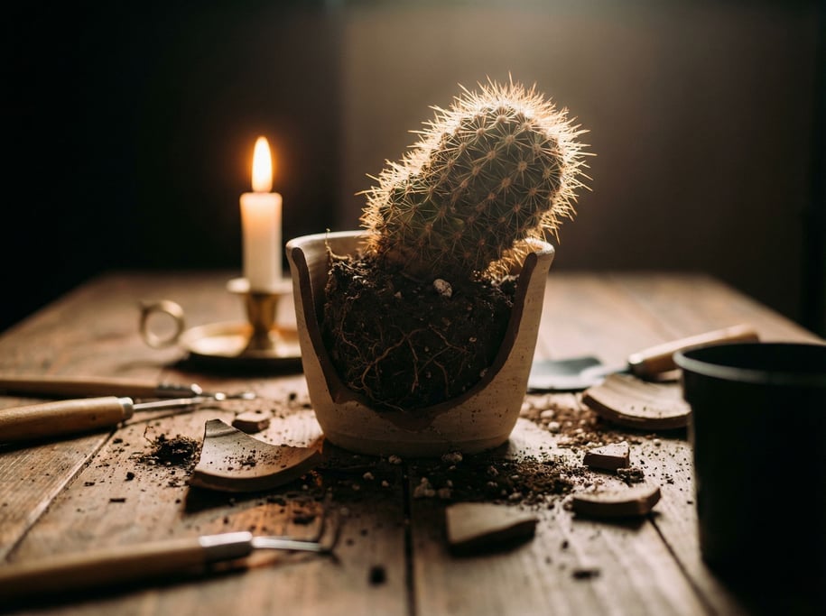 A small cactus in a hand-thrown ceramic pot, spines catching backlight, creating a halo effect (uuqjluwh)