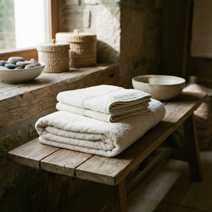 A stack of white cotton towels on a teak bench, spa-like simplicity, neutral tones (uxg6v)