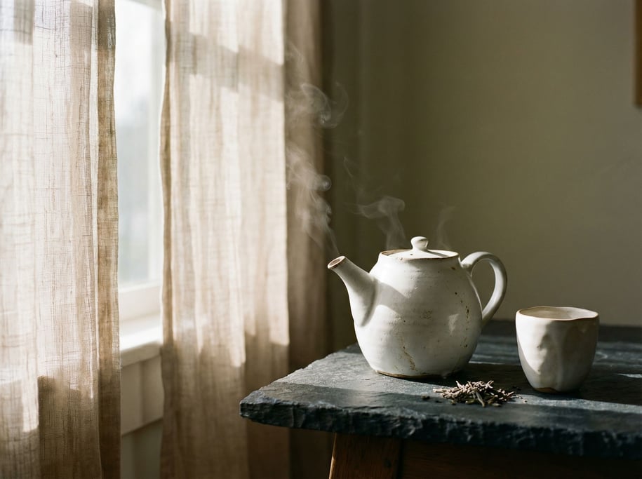 A white porcelain teapot on a dark stone counter, steam rising, minimal and clean (pr0kwfgw)