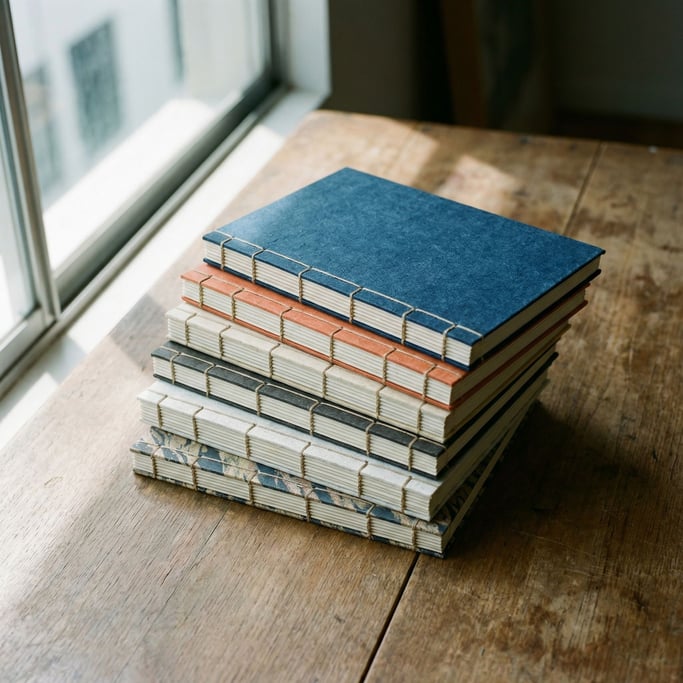 A stack of handbound notebooks with different cover papers (qz13x)