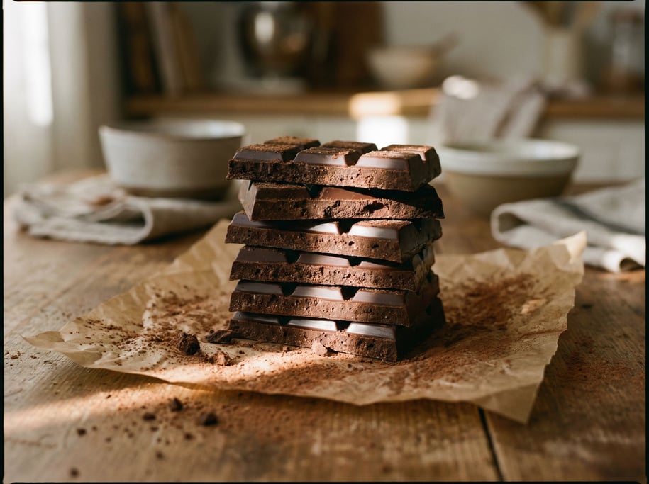 A stack of dark chocolate squares on parchment paper, cocoa powder dusting (owpbgszn)